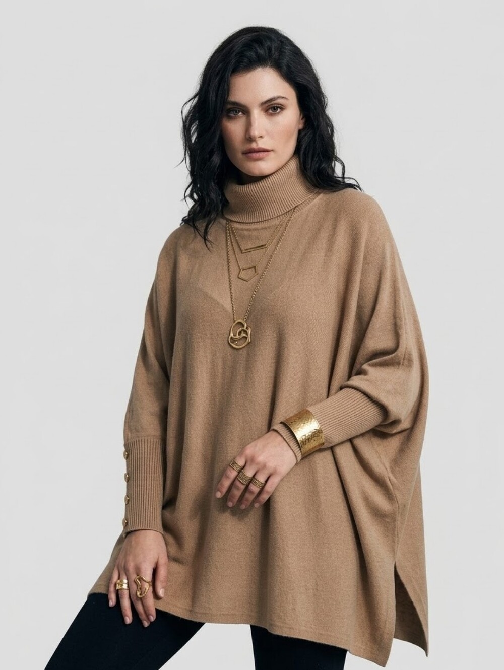 Alfani Knit Turtleneck Tunic Poncho Sweater Button Cuff Taupe Tan NWT Petite L